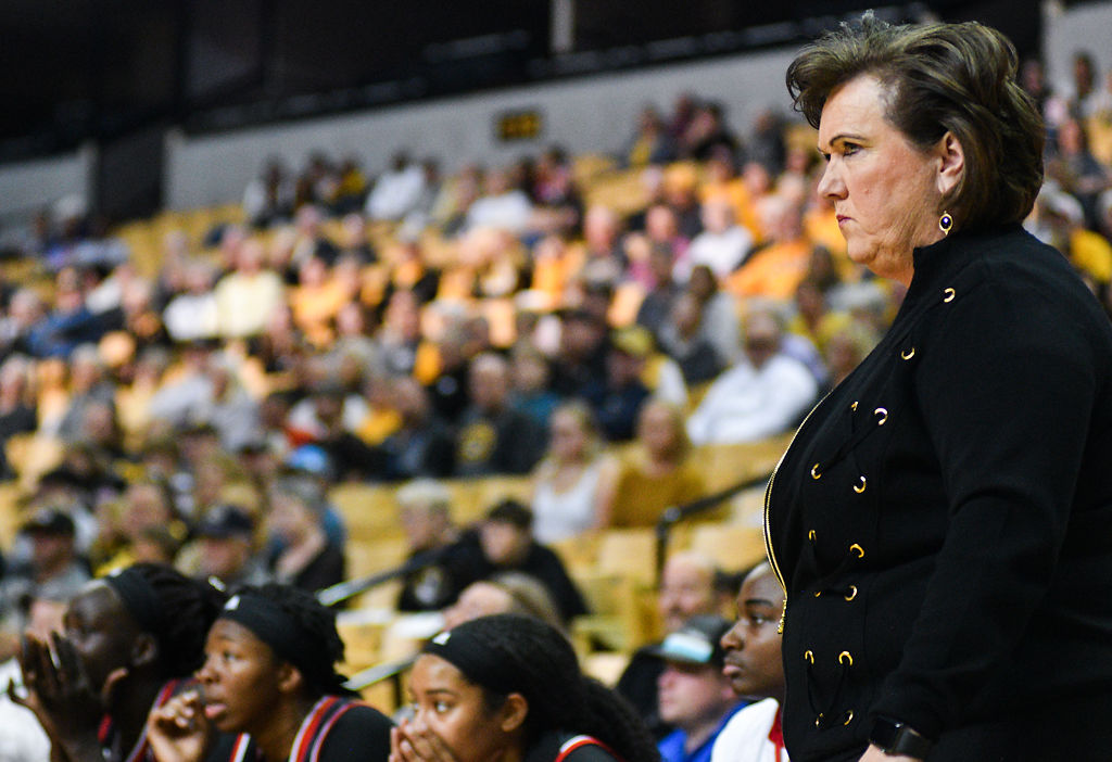 Southern Illinois University Edwardsville coach Paula Buscher watches